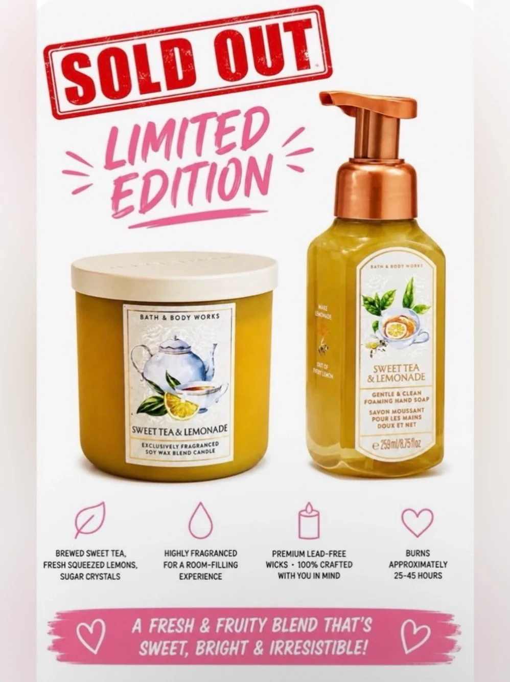 Bath & BodyWorks Limited Edition Sweet Tea & Lemonade 3 Wick Candle & Soap Set